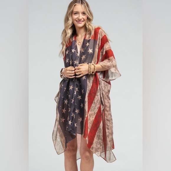 Ruggine American Flag Print 4th July Sheer Kimono Side Slits One Size - Picture 1 of 10